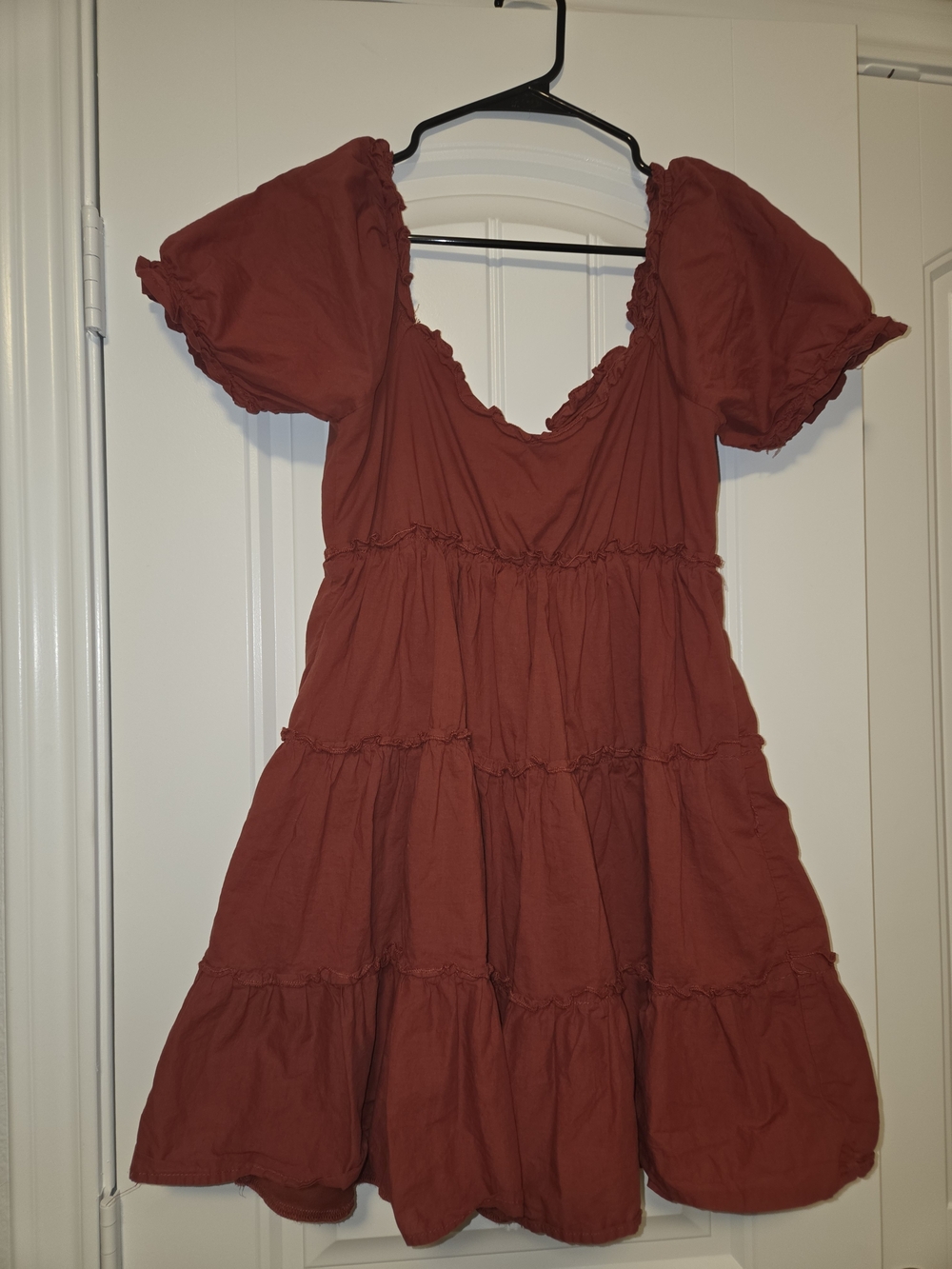 Cottage Core Rust Puff Sleeve Tiered Dress Lace Up Boho Babydoll